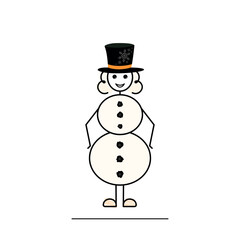 curly girl wearing christmas snowman costume, black hat and snow balls, cute female character, flat vector illustration, sketch, doodle style, stickman, black line