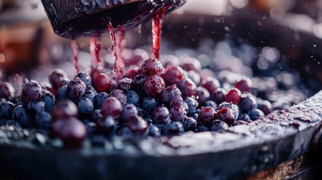 A close-up of grapes being crushed in a wine press, with grape juice flowing into a container.