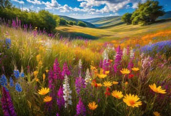 Obraz premium vibrant meadow displaying bliss spectrum colorful wildflowers serene landscape under bright blue skies, bloom, petal, grass, garden, sunny, flora, field, park