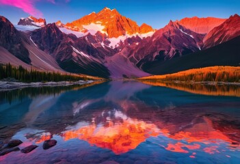 stunning vista vibrant sunset casting reflections over serene mountain landscape rich color palettes, silhouette, horizon, pink, orange, blue, water