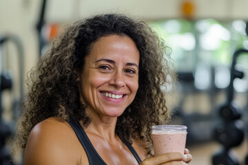 A middle-aged Brazilian woman smiling as she drinks a shake, surrounded by weights and cardio equipment in a well-equipped gym. Her positive energy reflects her healthy, balanced lifestyle.