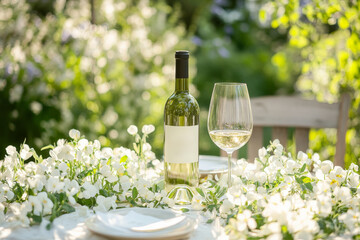 A picturesque outdoor brunch table with a chilled wine bottle surrounded by beautiful white sweet peas. The sunny garden backdrop adds to the cheerful and lively ambiance of the scene.