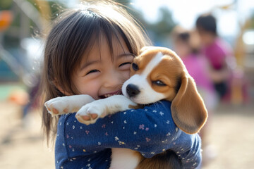 A cheerful preschooler with Japanese heritage, tightly hugging a fluffy beagle puppy on a playground. The joy on her face, with friends playing nearby, captures the essence of childhood happiness.