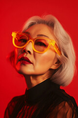A senior Japanese woman adorned with eye-catching neon acrylic glasses and dramatic makeup. The bright reflections in the studio play off her look against a vivid red background, adding depth and