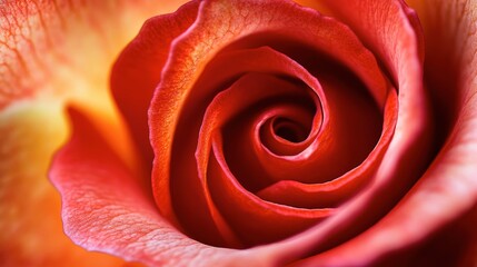 A close-up of rose petals forming a perfect spiral, with focus on their texture and color gradient.