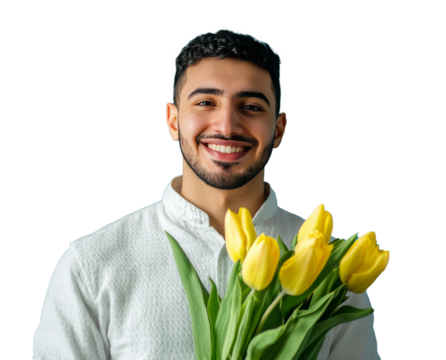 Smiling man holding a bouquet of yellow tulips against a bright blue background indoors