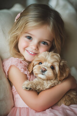 A smiling little girl wearing a pink dress, gently cradling a small brown puppy against her chest. Her sparkling eyes reflect pure affection, set against a cozy living room with soft lighting and warm