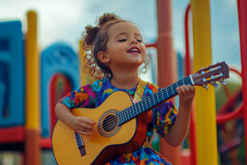 A young girl in a bright dress playing a guitar on a playground, her eyes sparkling with excitement as she sings. The colorful playground equipment adds a fun backdrop to her lively performance.