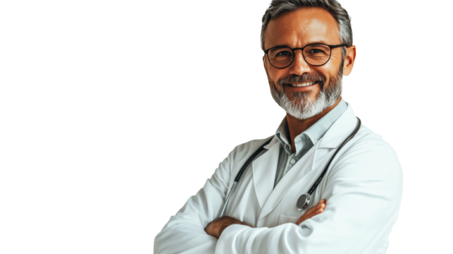 Smiling doctor in a white coat poses with arms crossed against a white background - Powered by Adobe