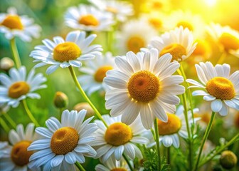 Fototapeta premium Fresh Chamomile Flowers with Green Leaves in Natural Light on a Soft Focus Background