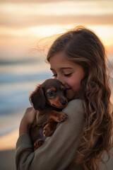 A teenage girl of Caucasian descent, embracing a tiny Dachshund puppy on a beach during sunset. The soft waves in the background reflect the warmth and love in this heartwarming moment.