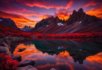 Fototapeta premium breathtaking view majestic mountains bathed vibrant purples sunset sky, alpine, awareness, beauty, canvas, clouds, contrast, deep, dramatic, expanse, flame