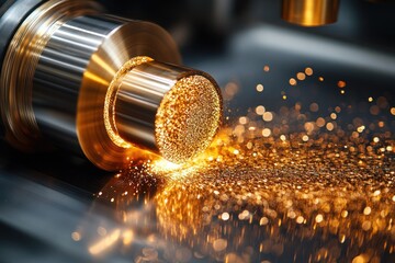 Close-up of a metalworking process with sparks flying from a rotating tool.