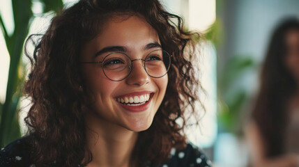 A close-up shot of an engaged workgroup in mid-discussion, their cheerful faces reflecting optimism and energy. The blurred background of the office allows the focus to remain on their collaborative,
