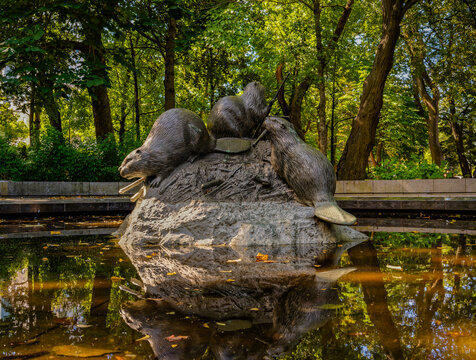 Saint John, NB, Canada - Sept. 11, 2024: Beaver Fountain by sculptor Michael Gaspard Rizzello in the Loyalist Burial Ground.