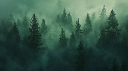 Fototapeta premium A serene view of towering green pine trees shrouded in thick mist. The fog weaves through the forest, softening the outlines of the lush branches, creating a peaceful and mystical atmosphere deep in
