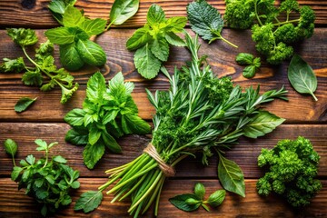 Fresh Green Herb Leaves on Wooden Table Background for Cooking and Culinary Uses in Kitchen