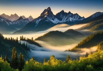 Fototapeta premium expansive mountain range enveloped mystical rolling capturing awe inspiring beauty grandeur, altitude, adventure, backdrop, breathtaking, bright, cliff