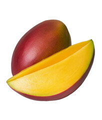 Fresh ripe mango with slices and green leaves displayed on a light background