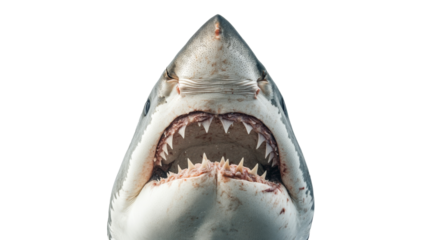 A close-up view of a great white shark showcasing sharp teeth against a neutral background