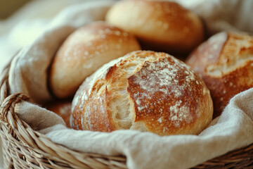 Fototapeta premium A close-up of a rustic basket overflowing with freshly baked breads in pastel brown, set against a textured linen cloth. The warm tones and crispy textures invite viewers to savor the warmth and