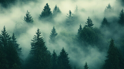 A moody shot of a dense pine forest enveloped in thick fog. The mist hangs in the air, creating a sense of mystery, while the lush green pine trees stand out against the hazy, dreamlike atmosphere.