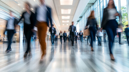 A bustling office corridor filled with business professionals walking briskly, their movement creating a blur of motion. The modern design of the hallway is visible, but the focus remains on the