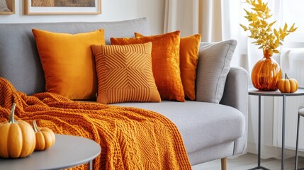 A cozy living room with orange throw pillows and a matching orange blanket draped over a gray couch, creating a warm autumn vibe.