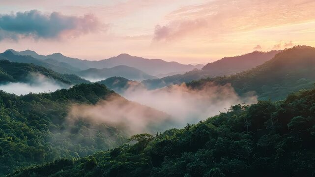 Misty mountain range at sunrise with lush forest, scenic view. Nature tranquility and adventure concept