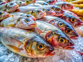 Freshly Caught Greasy Fish on Ice Displayed at a Local Seafood Market Ready for Cooking or Sale