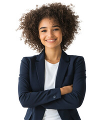 Confident businesswoman in a formal suit standing with arms crossed against a plain background