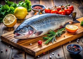 Freshly Caught Salmon on a Wooden Cutting Board Ready for Preparation and Cooking in Kitchen