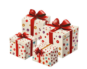 Beautifully wrapped holiday gifts with red bows on a white background ready for celebration