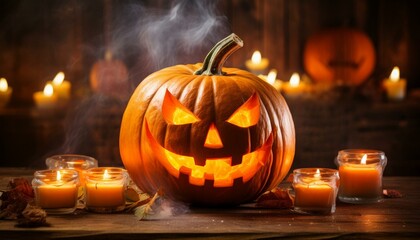 Fototapeta premium A fearsome jack-o-lantern, illuminated by flickering candles, casts an eerie glow, inviting you into a world of Halloween magic and mystery.