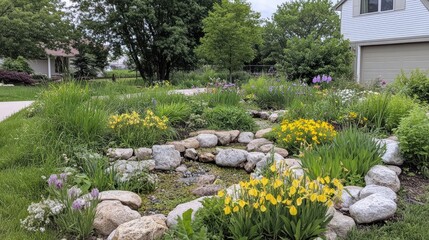 Obraz premium A Picturesque Garden with a Stone Stream