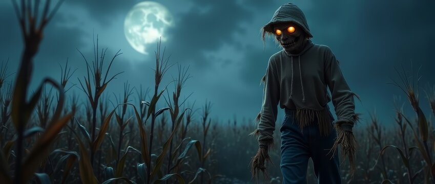 Eerie Scarecrow figure with glowing eyes comes to life in misty cornfield full moon night, spooky Halloween scene, copy space