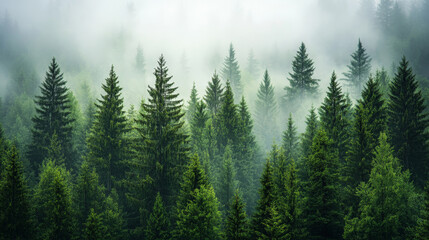 Fototapeta premium A misty morning in a dense forest of vibrant green pine trees. The fog drifts between the tall trunks, giving the scene an ethereal, dreamlike quality, with the tops of the trees disappearing into the