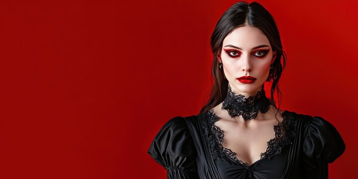 woman wearing vampire halloween costume, solid background, copy space