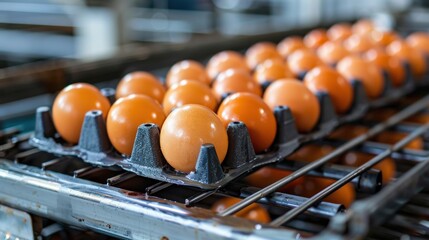 Fresh brown eggs arranged in trays at a processing facility