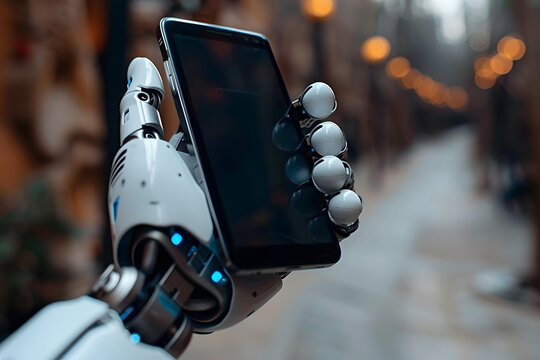 Close-up Of Humanoid Robot's Hand Holding Mobile Phone With Blank Screen
