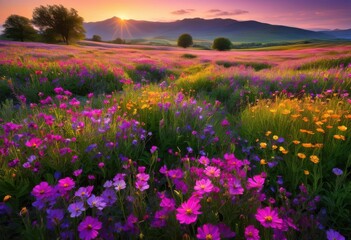 Fototapeta premium breathtaking vibrant wildflower fields bathed warm sunrise light showcasing untouched natural beauty brilliant colors, bloom, nature, landscape, grass, petal