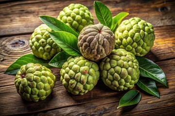 Fototapeta premium Freshly harvested custard apples on a rustic wooden table showcasing their unique texture and color