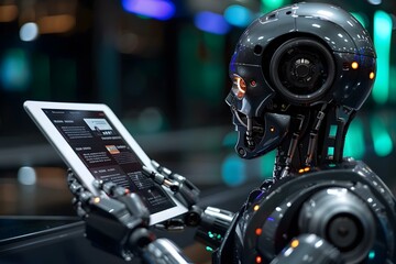 Fototapeta premium Close-up Of A Humanoid Robot's Hand Using Digital Tablet With Screen Showing Online News