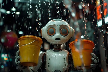 Worried Humanoid Robot Holding Two Buckets While Water Droplets Leaking From Ceiling