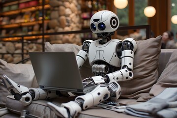 Humanoid Robot Sitting On Couch Doing Online Shopping On Laptop