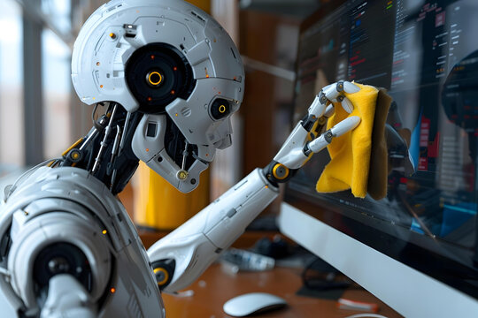Close-up Of A Humanoid Robot's Hand Cleaning The Desktop Screen With Yellow Rag In Office - Powered by Adobe