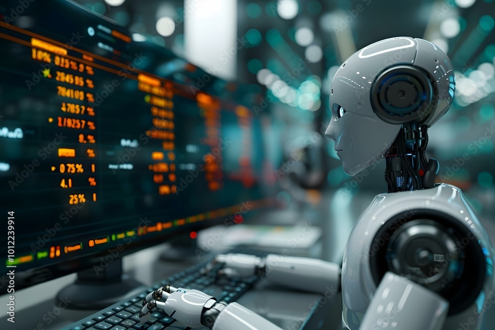 Poster ai humanoid robot analyzing business data on computer spreadsheet.