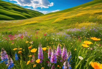 Obraz premium vibrant colorful fields stunning horizon views showcasing lush green clear blue sky, wildflowers, blooms, grass, landscape, scenery, sunlight, agriculture