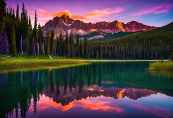 Fototapeta premium stunning sunset over peaceful mountain peaks illuminated vibrant colors creating breathtaking scenic view, nature, landscape, clouds, sky, evening, lighting