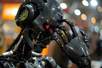 Fototapeta premium Humanoid Robot Lost Something. Looking For Waller Or Searching Keys.